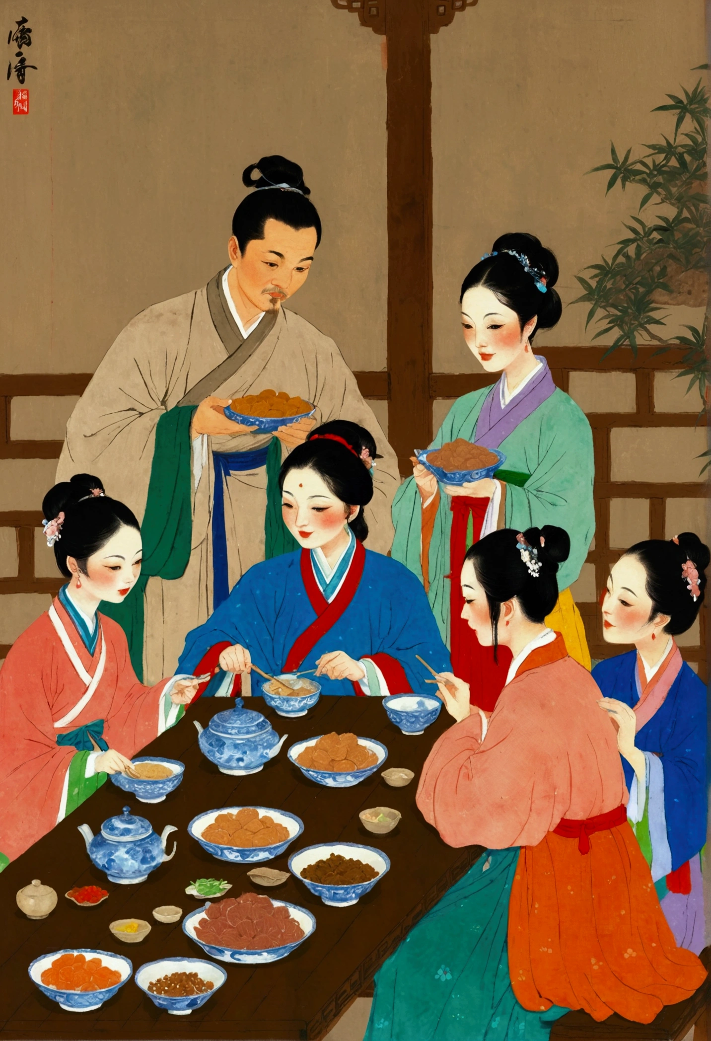 A close-up of a painting,People eating at the table, Traditional Painting, Chinese style, traditional Chinese, Artworks similar to Sheng Lam, by Fang Congyi, by Qu Leilei, traditional Chinese art, Chinese tradition, traditional Chinese painting, author:Xia Gui, author Miao Fu, inspired by Liu Jue, Folklore illustrations