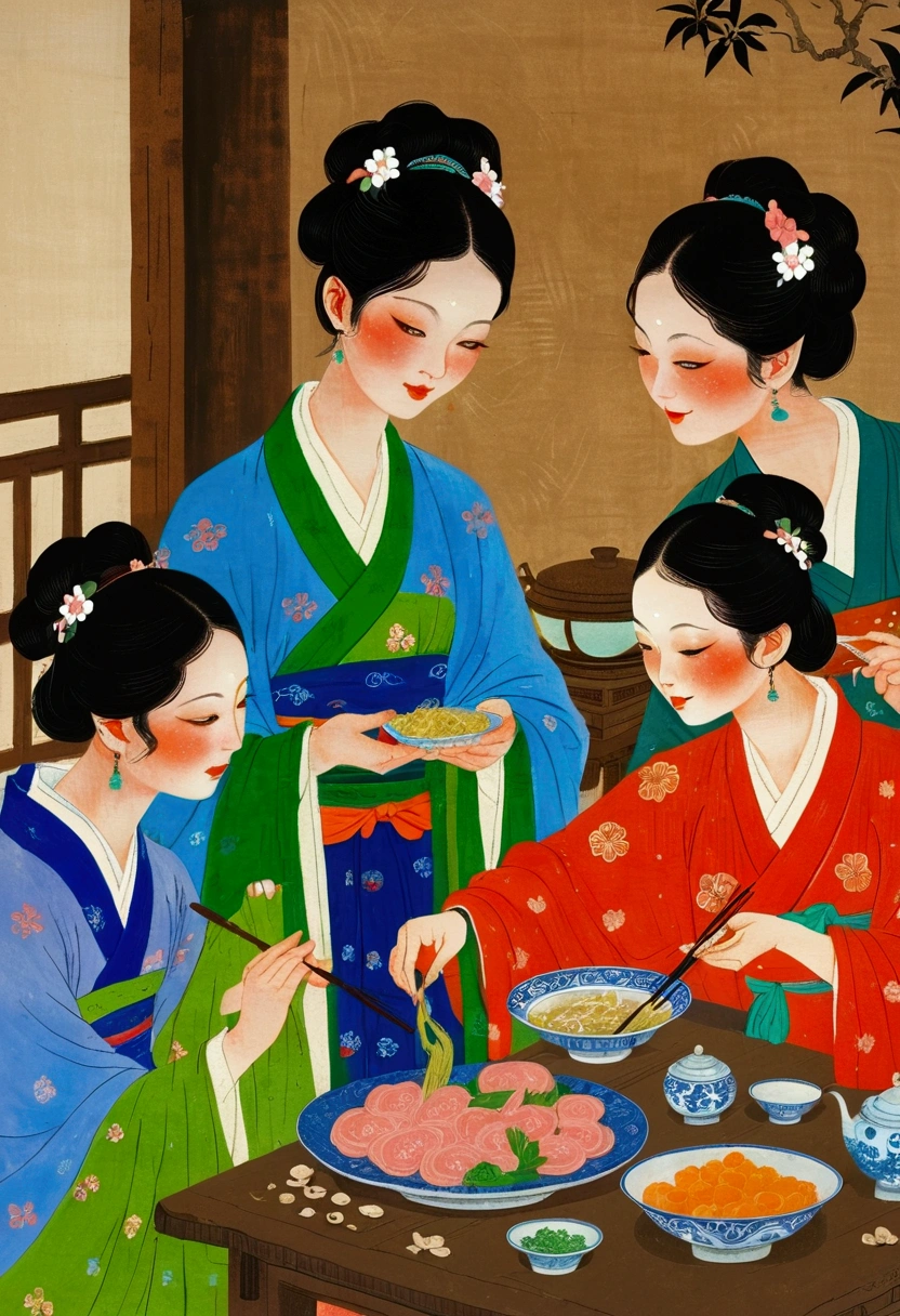 A close-up of a painting，People eating at the table, Traditional Painting, Chinese style, traditional Chinese, Artworks similar to Sheng Lam, by Fang Congyi, by Qu Leilei, traditional Chinese art, Chinese tradition, traditional Chinese painting, author：Xia Gui, author Miao Fu, inspired by Liu Jue, Folklore illustrations