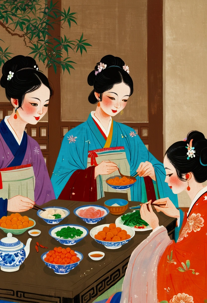 A close-up of a painting,People eating at the table, Traditional Painting, Chinese style, traditional Chinese, Artworks similar to Sheng Lam, by Fang Congyi, by Qu Leilei, traditional Chinese art, Chinese tradition, traditional Chinese painting, author:Xia Gui, author Miao Fu, inspired by Liu Jue, Folklore illustrations