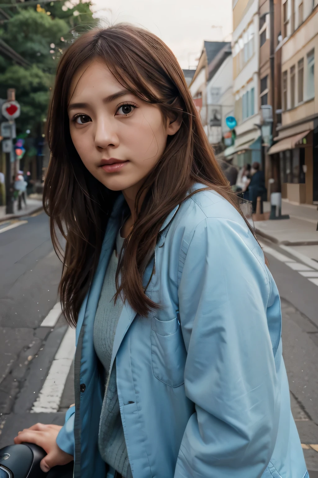 1 girl, Futaba Yoshioka on the anime drama ride, Brown hair, Brown eyes, light blue clothing, realistic clothing, long eyelashes, in the background a street, realistic face, realist