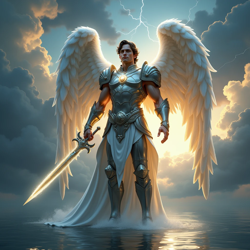 Generate an image that has Archangel Michael standing on water with the sword in his left hand, in the right hand barely illuminated; the background a sky with clouds and lightning.