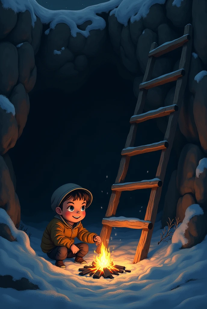 At night time,a boy inside a large hole and ther is a leader for escape from that. But because of cold at night he cut 4 steps from the leader and made a campfire for reducing cold and he is sitting near to that