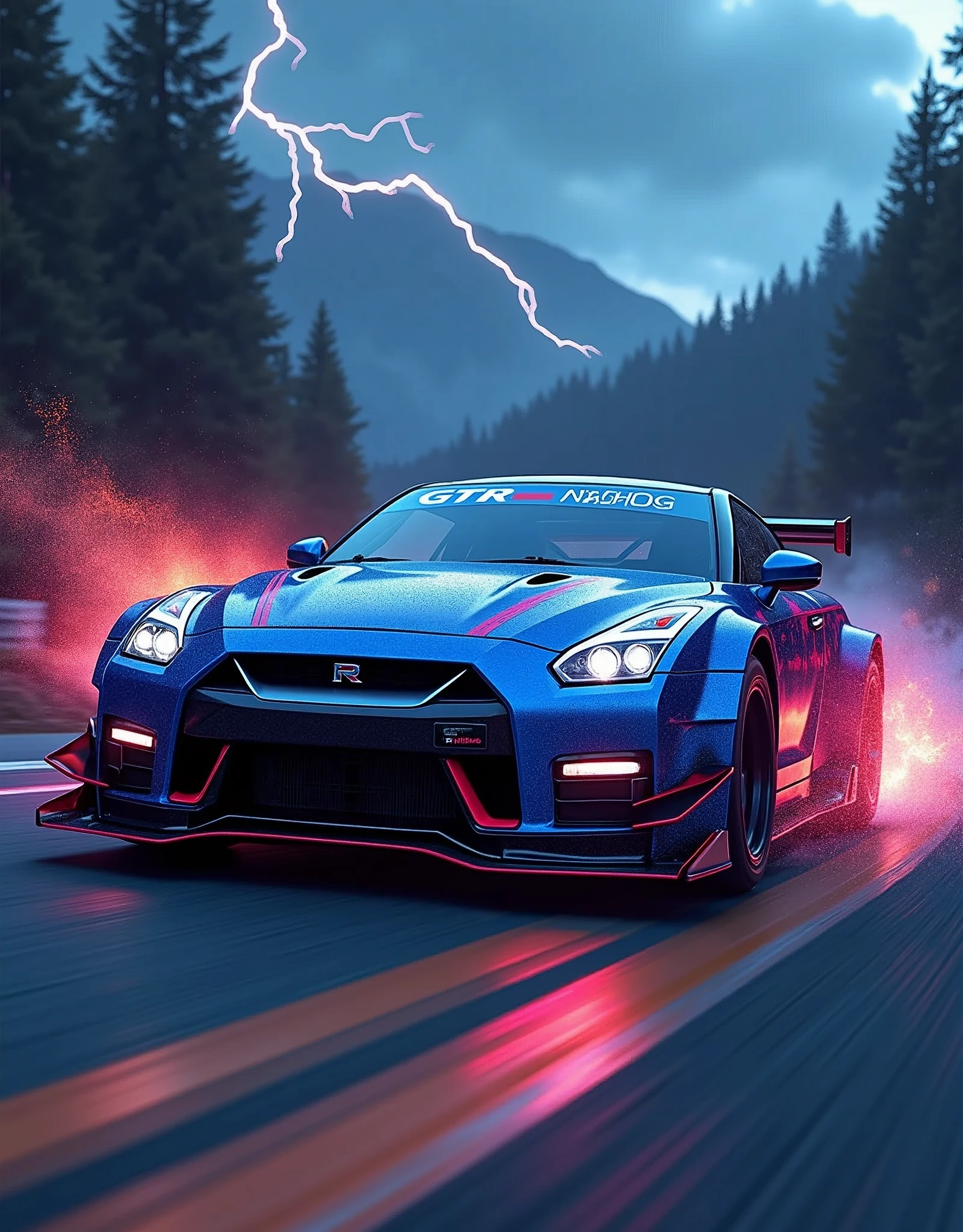 (masterpiece), best quality, ultra-detailed, 8K), a 2024 GTR Nismo with electric Blue text in a 3D font that spells out "GTR Nismo" at the top of the picture above the GTR Nismo, street racing-inspired, Drifting inspired, LED, ((Twin headlights)), (((Bright neon color racing stripes))), (Black racing wheels), Wheel spin showing motion, Show car in motion, Burnout, wide body kit, modified car, racing livery, masterpiece, best quality, realistic, ultra highres, (((depth of field))), (full dual color neon lights:1.2), (hard dual color lighting:1.4), (detailed background), (masterpiece:1.2), (ultra detailed), (best quality), intricate, comprehensive cinematic, magical photography, (gradients), glossy, Drifting, going fast, night, bright yellow headlights, setting USA Oregon's Mountain roads, No text on signs, Late night time, Set in a rain storm with lightning,1 car., Nature, model shoot style, Fast action style, Sideways drifting in to a turn, Red and black cars, Night with galaxy sky, Fast action style, fire out of tail pipes, Sideways drifting in to a turn, Neon galaxy metallic paint with race stripes, aesthetic, intricate, realistic, cinematic lighting, Neon Paint, streaks of fire,
