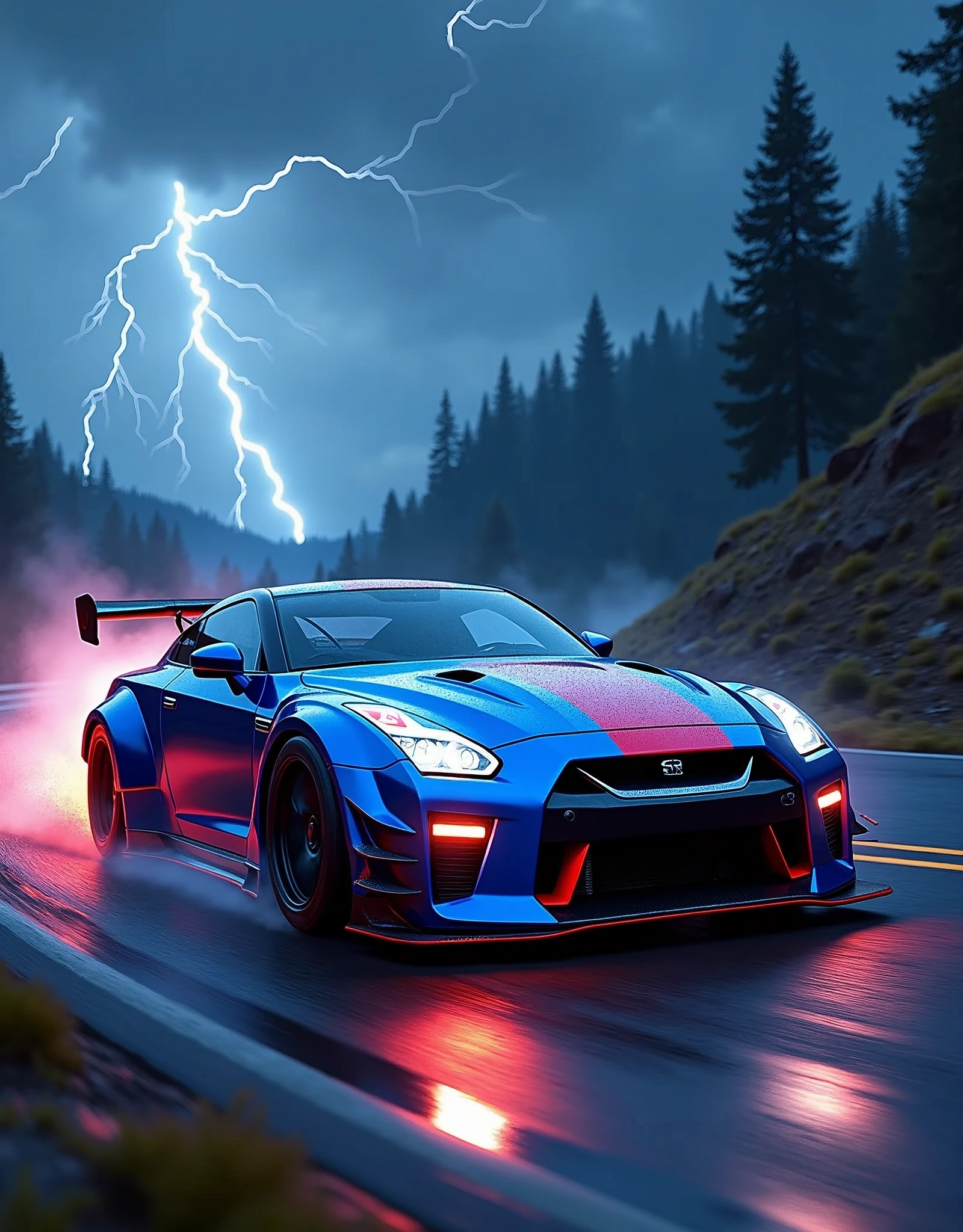 (masterpiece), best quality, ultra-detailed, 8K), a 2024 GTR Nismo with electric Blue text in a 3D font that spells out "GTR Nismo" at the top of the picture above the GTR Nismo, street racing-inspired, Drifting inspired, LED, ((Twin headlights)), (((Bright neon color racing stripes))), (Black racing wheels), Wheel spin showing motion, Show car in motion, Burnout, wide body kit, modified car, racing livery, masterpiece, best quality, realistic, ultra highres, (((depth of field))), (full dual color neon lights:1.2), (hard dual color lighting:1.4), (detailed background), (masterpiece:1.2), (ultra detailed), (best quality), intricate, comprehensive cinematic, magical photography, (gradients), glossy, Drifting, going fast, night, bright yellow headlights, setting USA Oregon's Mountain roads, No text on signs, Late night time, Set in a rain storm with lightning,1 car., Nature, model shoot style, Fast action style, Sideways drifting in to a turn, Red and black cars, Night with galaxy sky, Fast action style, fire out of tail pipes, Sideways drifting in to a turn, Neon galaxy metallic paint with race stripes, aesthetic, intricate, realistic, cinematic lighting, Neon Paint, streaks of fire,