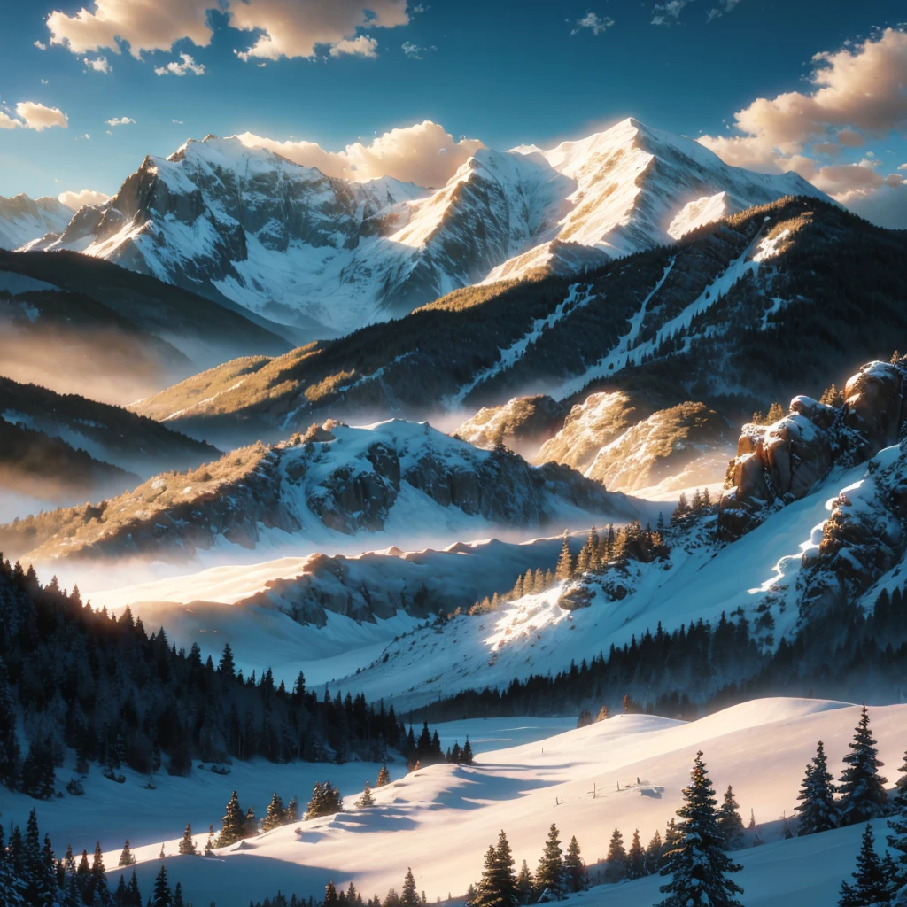 a vast mountain range, dramatic landscape, snow-capped peaks, rolling hills, lush forests, atmospheric lighting, cinematic composition, detailed textures, vibrant colors, serene mood, picturesque scenery, breathtaking vista, dramatic clouds, golden hour lighting, (best quality,4k,8k,highres,masterpiece:1.2),ultra-detailed,(realistic,photorealistic,photo-realistic:1.37),landscape photography
