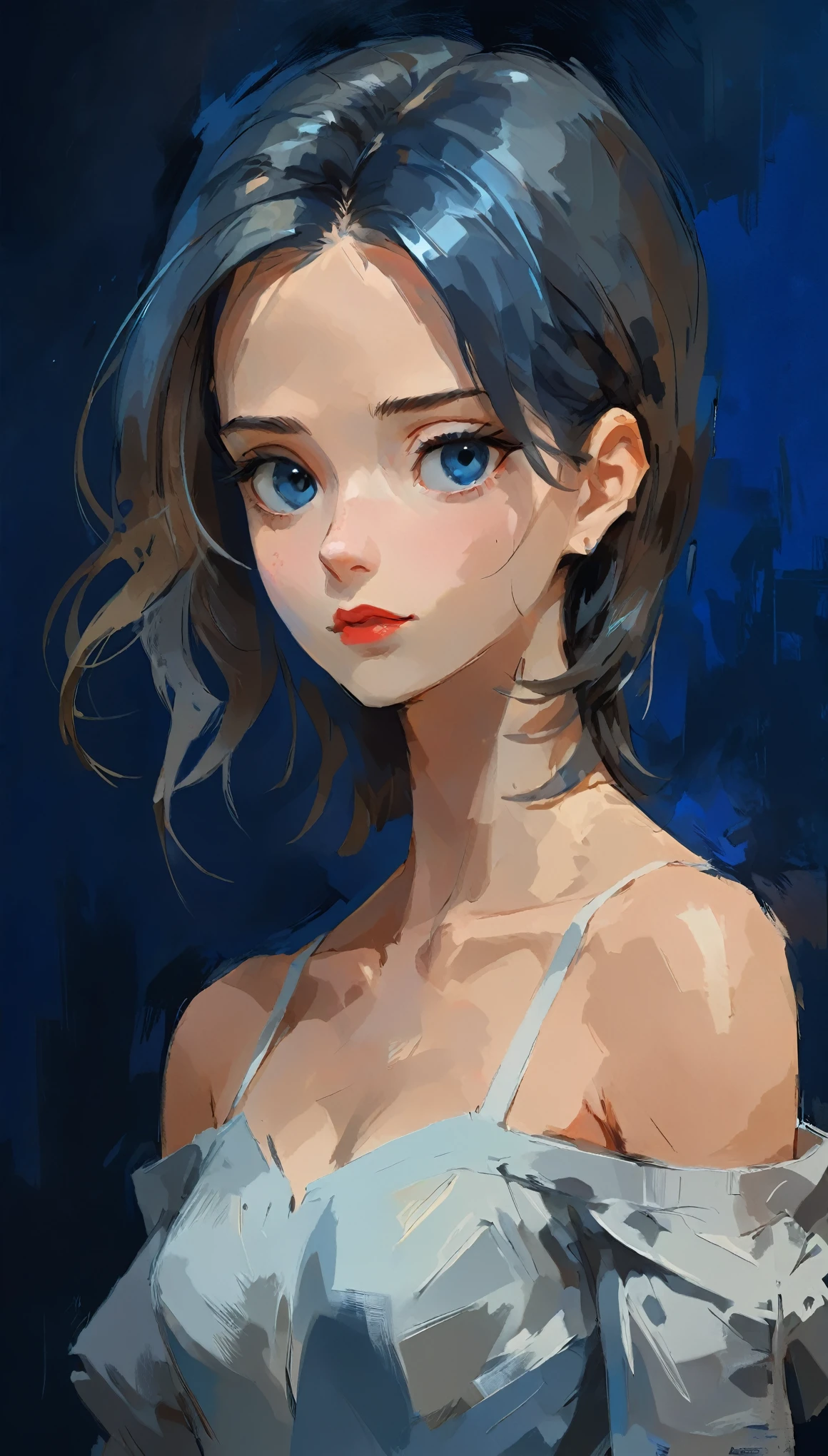 in style of Carolina Herrera-【Gorgeous clothing designer】-,in style of Casey Baugh
1girl,character concept design,upper body,(clear oil painting of the clay strokes:1.2),cool tone tone,dark background,blue atmosphere,three-dimensional sense,(real, realistic, stereoscopic:1.43)