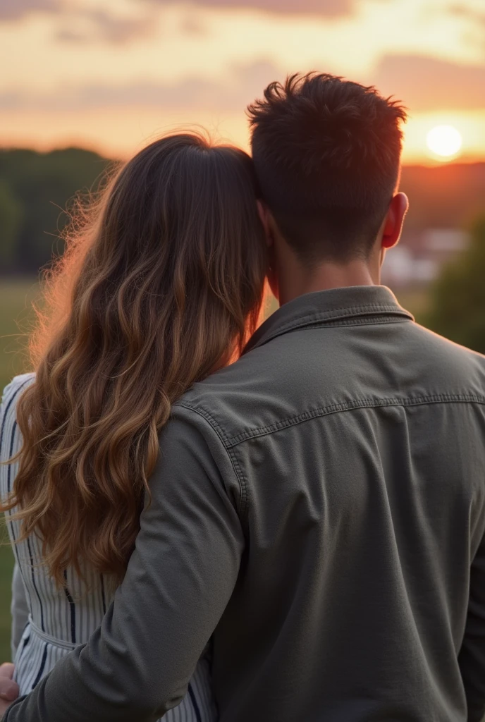 Couple white woman brown hair on the back of white hispanic man