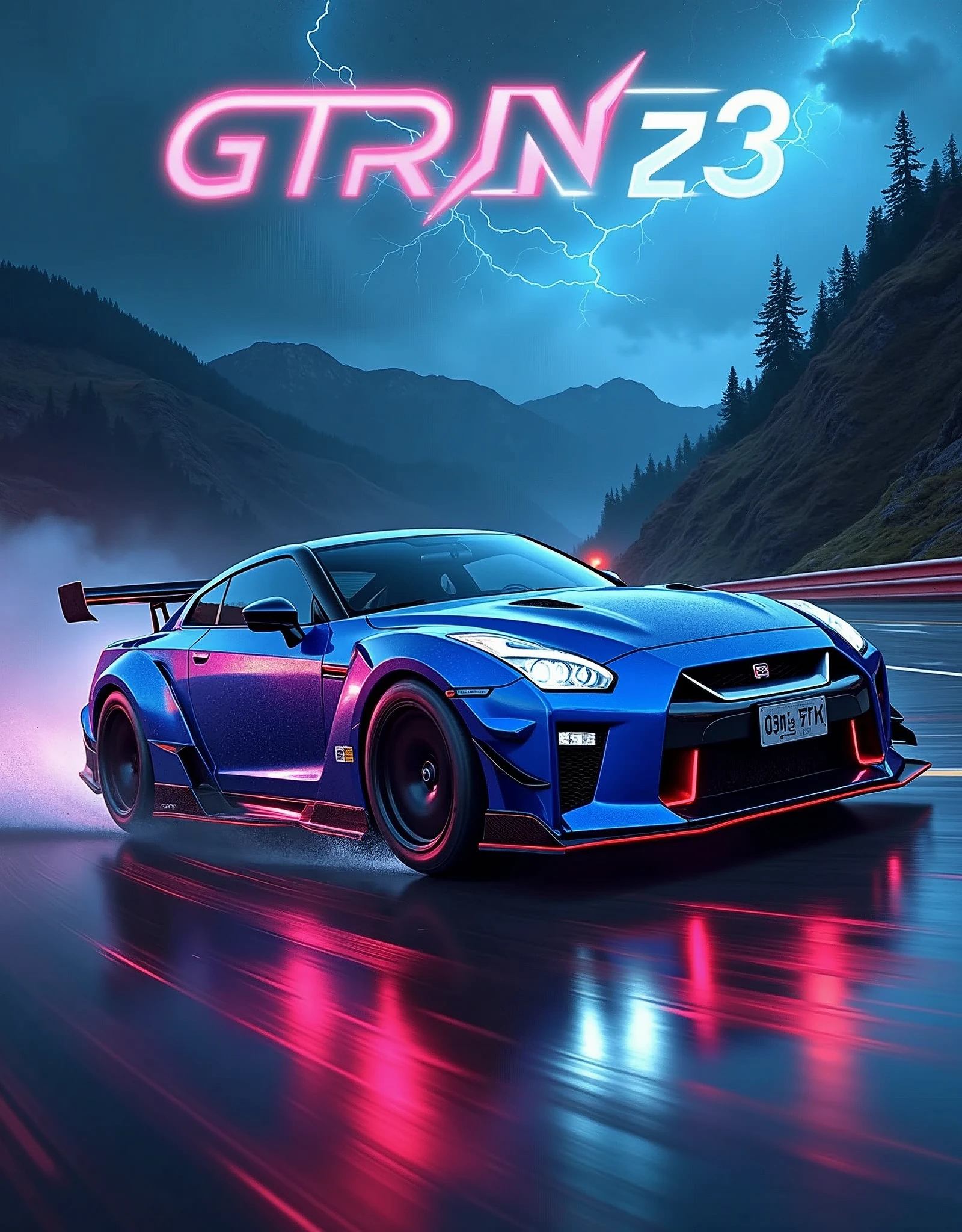 (masterpiece), best quality, ultra-detailed, 8K), a 2024 GTR Nismo with electric Blue text in a 3D font that spells out "GTR Nismo" at the top of the picture above the GTR Nismo, street racing-inspired, Drifting inspired, LED, ((Twin headlights)), (((Bright neon color racing stripes))), (Black racing wheels), Wheel spin showing motion, Show car in motion, Burnout, wide body kit, modified car, racing livery, masterpiece, best quality, realistic, ultra highres, (((depth of field))), (full dual color neon lights:1.2), (hard dual color lighting:1.4), (detailed background), (masterpiece:1.2), (ultra detailed), (best quality), intricate, comprehensive cinematic, magical photography, (gradients), glossy, Drifting, going fast, night, bright yellow headlights, setting USA Oregon's Mountain roads, No text on signs, Late night time, Set in a rain storm with lightning,1 car., Nature, model shoot style, Fast action style, Sideways drifting in to a turn, Red and black cars, Night with galaxy sky, Fast action style, fire out of tail pipes, Sideways drifting in to a turn, Neon galaxy metallic paint with race stripes, aesthetic, intricate, realistic, cinematic lighting, Neon Paint, streaks of fire,