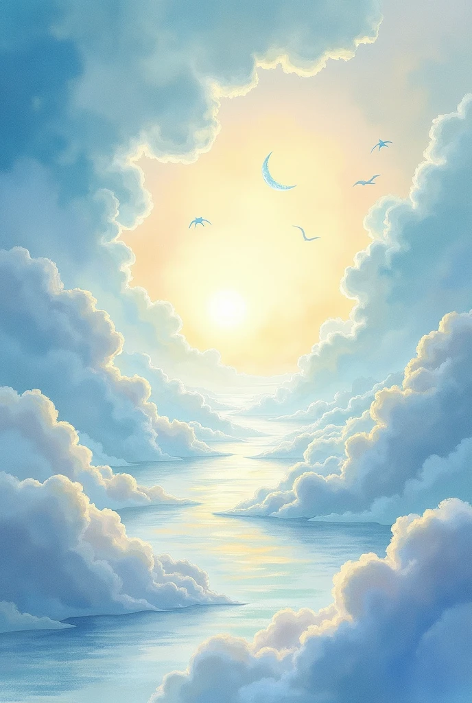 A world of light。A bright, white planet。No people。Fantasy。Watercolor。Watercolor-like。