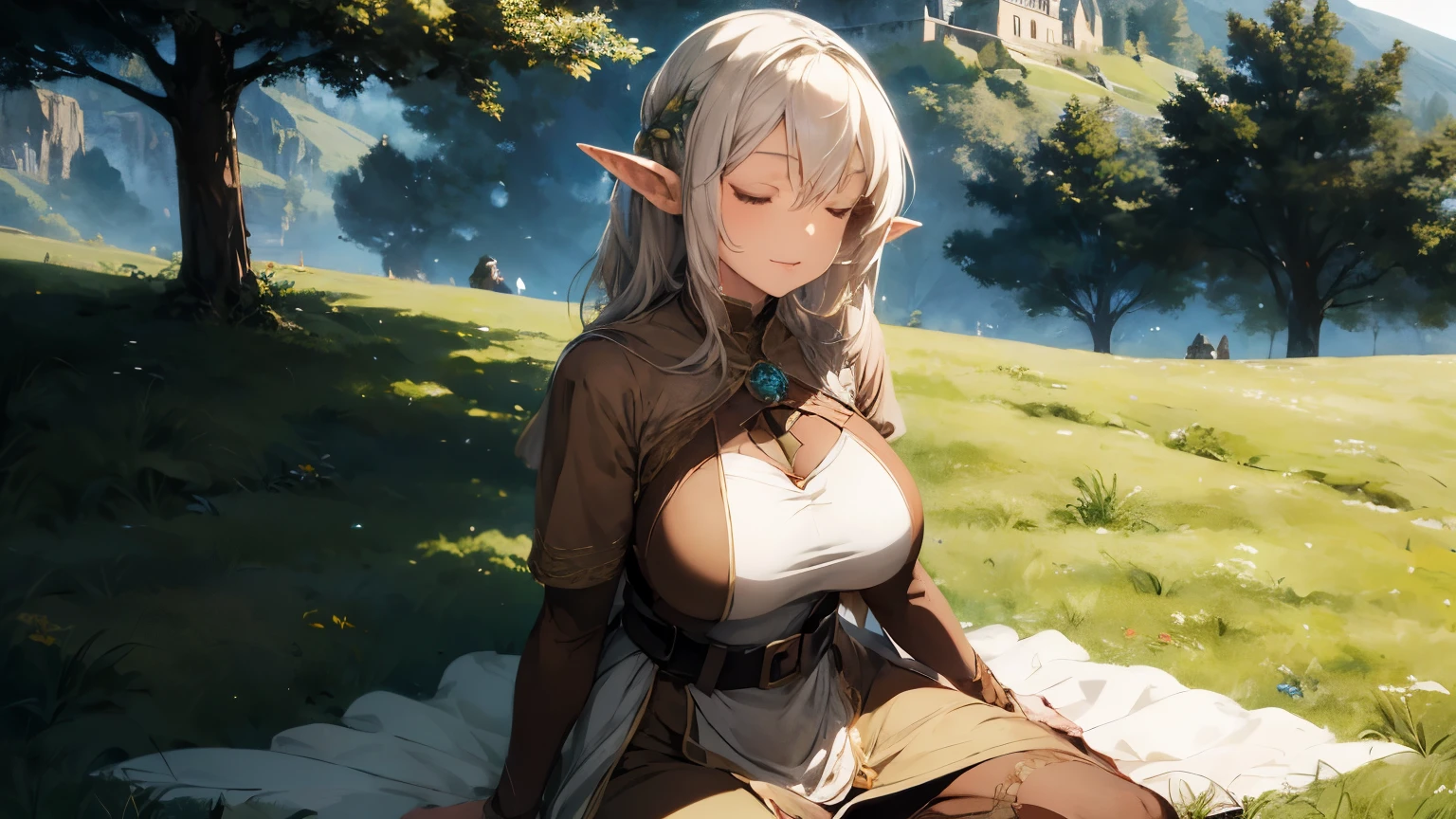 cinematic, sexy beautiful elf woman with big breast, brown dress, white hair, sleep closed eyes, medieval, sitting on the ground, the center of small hill, in vast green field.