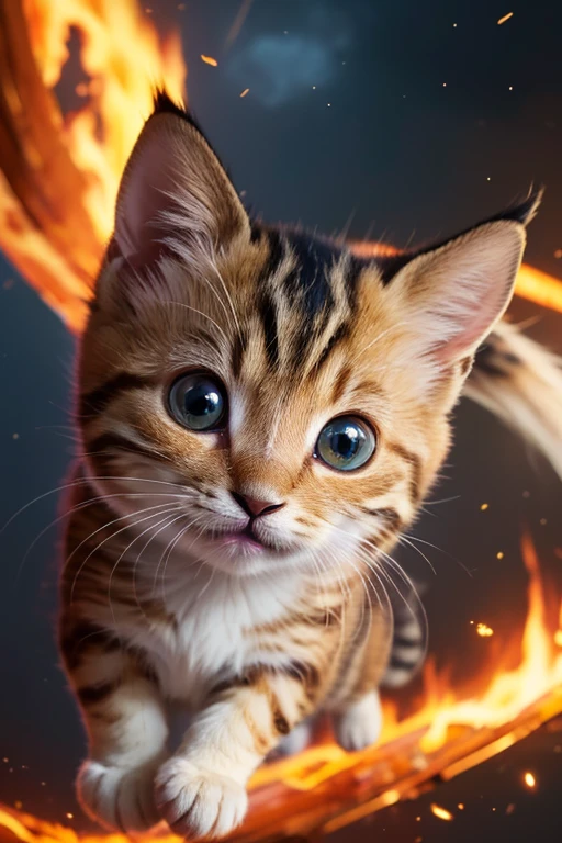 (Highest quality、masterpiece、8k))、Anatomically correct、Very detailed、High resolution、Cinematic lighting、Realistic、((Beautiful, bright, large eyes))、Intricate details、((Dynamic composition))、Cute realistic kitten、Big head、Surprised face、Oh my God、((bungee jumping))、you tube、fly in the sky、Fire erupts from my feet