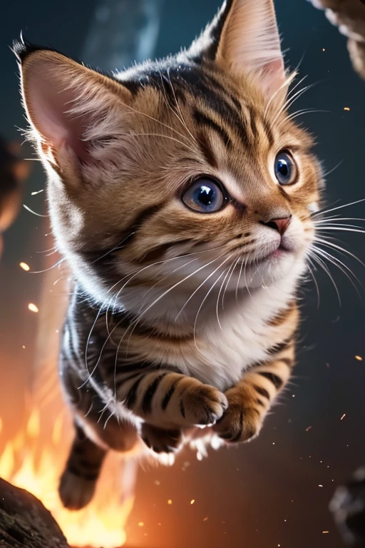 (Highest quality、masterpiece、8k))、Anatomically correct、Very detailed、High resolution、Cinematic lighting、Realistic、((Beautiful, bright, large eyes))、Intricate details、((Dynamic composition))、Cute realistic kitten、Big head、Surprised face、Oh my God、((bungee jumping))、you tube、fly in the sky、Fire erupts from my feet