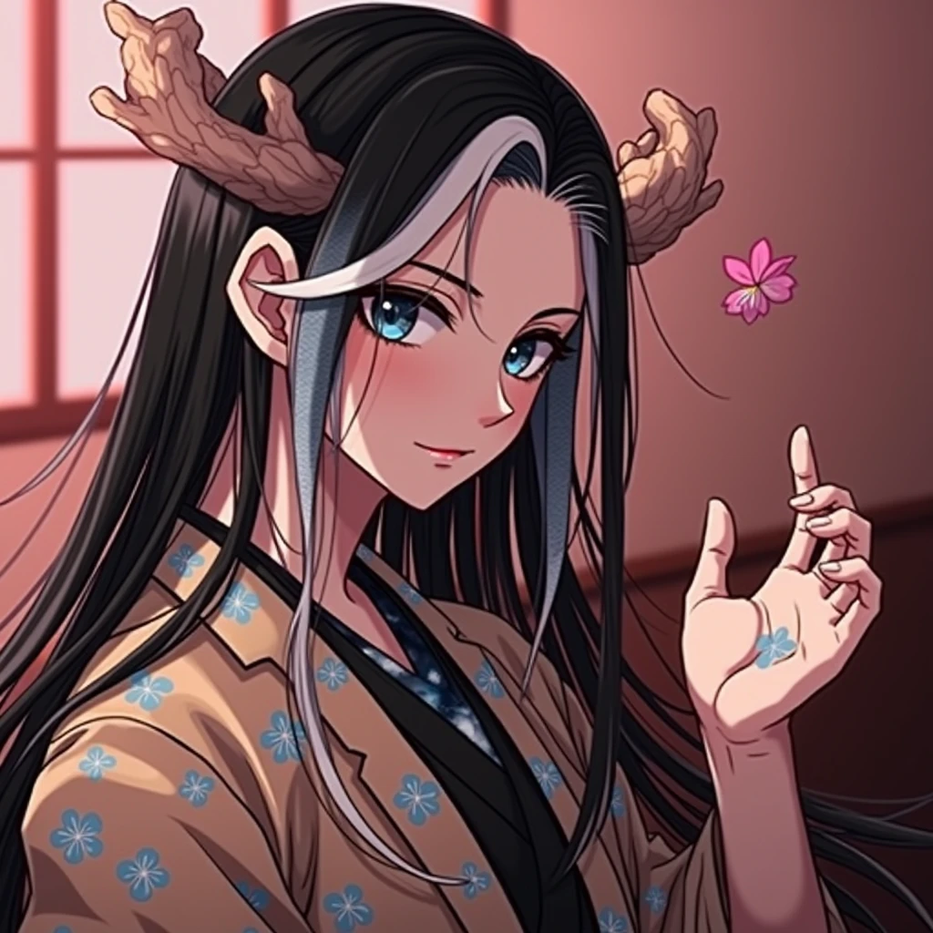 (handsome man with long black hair,Crystal Blue Eyes Japanese Dragon Hybrid,with tail and rounded horns like branches,black haori with sky blue cherry print,anime style blue scales )