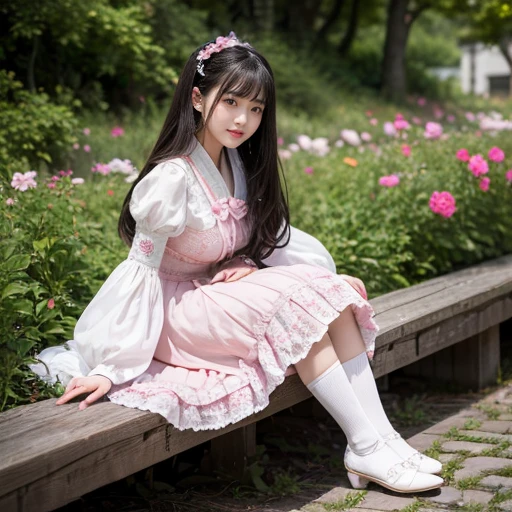best quality, Delicate face,beautiful visual work, lifelike, eternity, black hair, Long curly hair, blunt bangs, Smile, Detailed Background, Delicate face,blush,cold,((masterpiece))、(top quality)、8k、high detail、Super detailed,31-year-old female,lolita dress, layered dress, Lots of bows on the dress,Pink dress,masterpiece、born、Scenes resembling fairy tale illustrations、intricate details和複雜的設計、Beautifully、magic、capricious、 Beautifully、Dream aesthetics、「𝓡𝓸𝓶𝓪𝓷𝓽𝓲𝓬、ethereal、charming、fickle、magic」、realism、Visual effects、FXAA、SSAO、Shader、voiceless、ambient lighting、Tone mapping、High resolution、Ultra high quality、Million pixels、(8K resolution:1.10)、8k、8k以下、8K resolution、high detail、intricate details, (high quality:1.2、masterpiece:1.2、:1.21)、(31-year-old female:1.21)、(興奮地Smile)、(被dreamy atmosphere所包圍、Model diagram,full-body shot,Normal 2 feet,Put your hands behind you,The protrusion of the breast is visible when wearing clothes, Large Breasts, H cup chest, in the garden,
Pink skirt, Pink loli dress, layered skirt, Lolita style long skirt,layered dress lace-trimmed 裙子, decorate, lace, Long sleeve, Wide sleeves, Detailed Background, White knee socks, pink shoes,Lots of lace,((masterpiece))、(top quality)、8k、high detail、Super detailed、穿着Pink loli dress((dreamy atmosphere:1.1)),masterpiece、born、Scenes resembling fairy tale illustrations、intricate details展示了洛麗塔連身裙的荷葉邊和複雜的設計,Baotou shoes