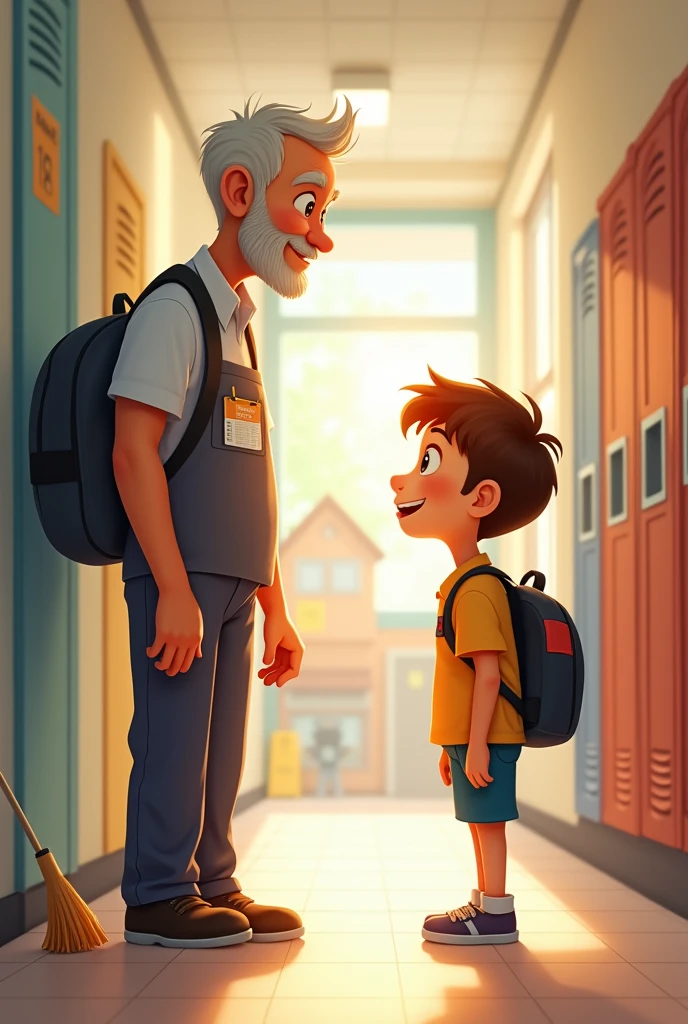 A young boy and a janitor in school
