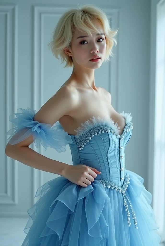 a asian young male wear like Cinderella princess with a sexy blue dress, big breast, big butt, short blonde hair, photoshoot