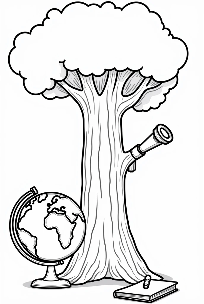 Create a black and white trunk to color, inside a telescope, notebook, pencil, earth globe, cartoon