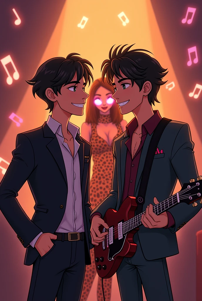 Two handsome adult male boyfriends animated in 2d one with messy black hair with golden tones and a microphone and another with short black hair styled with a guitar. Behind them a woman dressed in leopard clothing with a wicked face doing magic, a musical background behind them