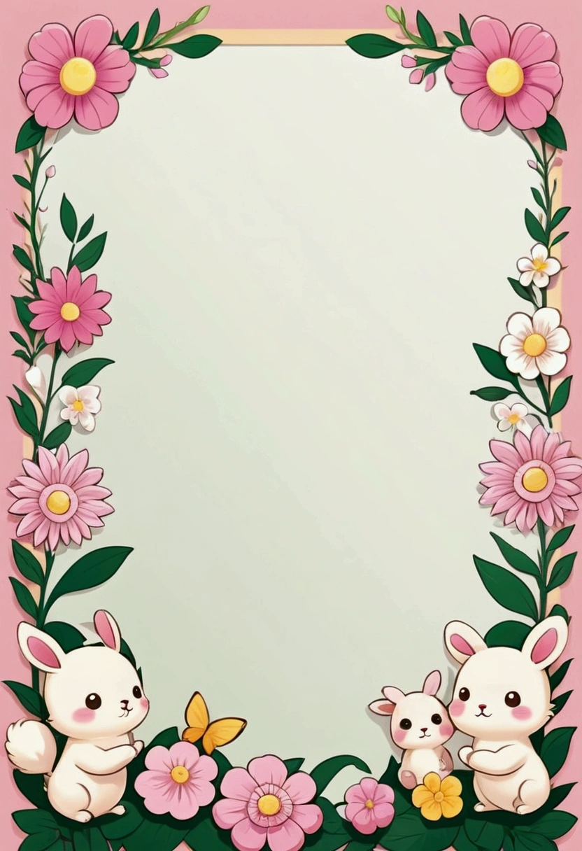 cute cartoon, Pink border, Paper border,Flower decoration, Anime background, Cute little animals, Background image, Cartoon Decoration,Line,on simple background, , simple background,