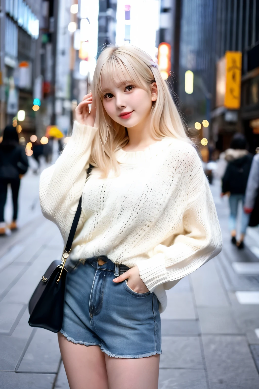 1 Girl, Eunha, Beautiful, 20 Years Old, White Skin, Large Breasts, white sweater, super shorts denim, Skinny, Posing For Photos in The city, Tokyo city, blonde hair, messy hair, ((adorable:1.1)), ((masterpiece:1.1)), Sleepy Cute Face, dynamic poses, realistic, very realistic, full body figure, long legs, sexy thigh, smiling :0.8, (perfect face and eyes) 