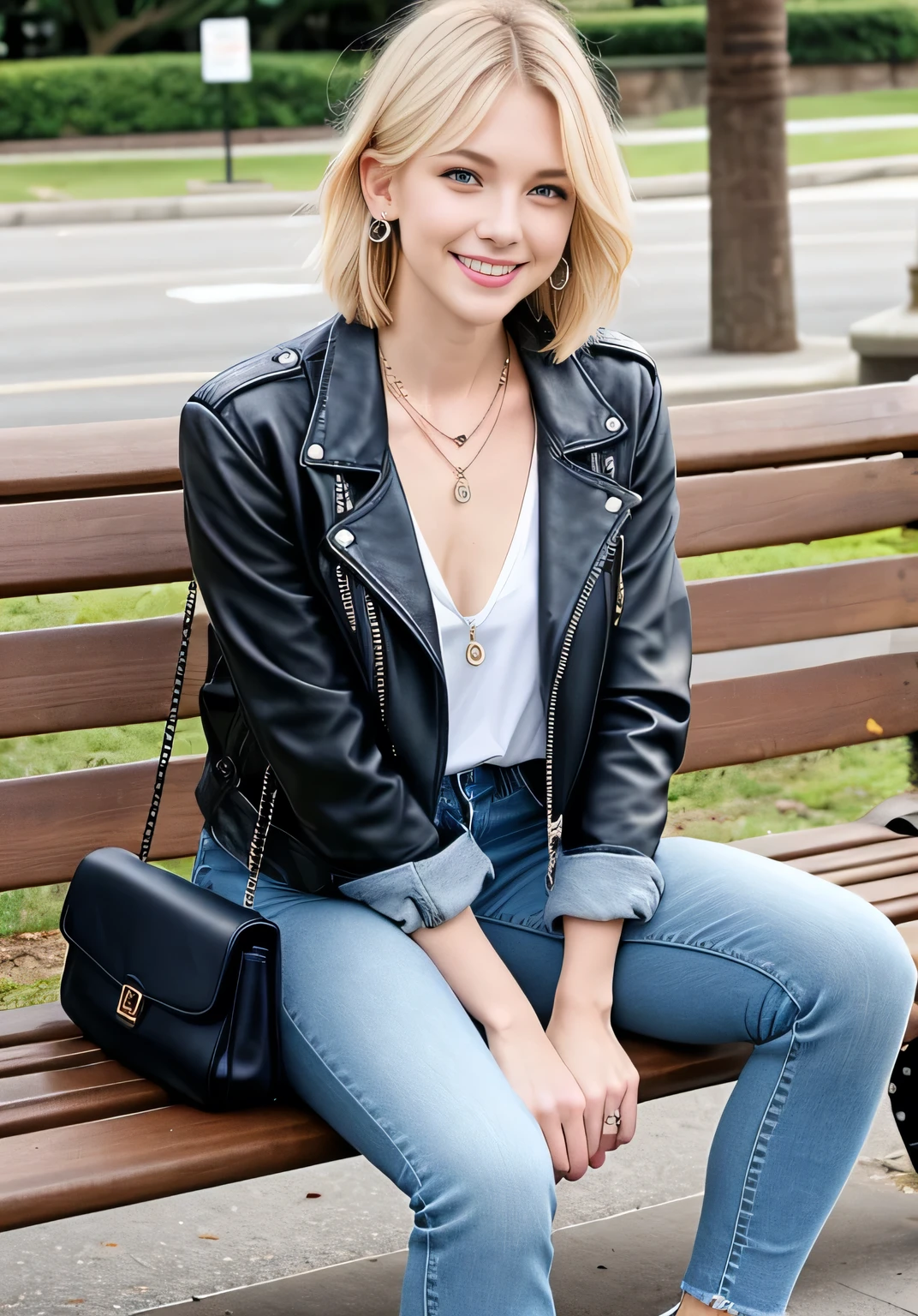 Thin White Woman、sitting on a park bench、Full body photo、smile、Beautiful teeth alignment、Blonde Hair、Blue eyes、Short Haircut、Wavy Hair、leather jacket、shirt、Skinny jeans、sneakers、Ear piercing、Necklace around the neck、