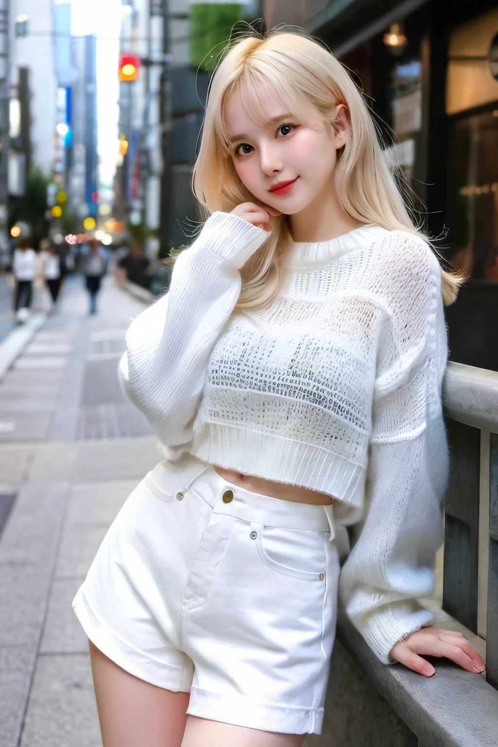 1 Girl, Eunha, Beautiful, 20 Years Old, White Skin, Large Breasts, white sweater, super shorts denim, Skinny, Posing For Photos in The city, Tokyo city, blonde hair, messy hair, ((adorable:1.1)), ((masterpiece:1.1)), Sleepy Cute Face, dynamic poses, realistic, very realistic, full body figure, long legs, sexy thigh, smiling :0.8, (perfect face and eyes) 