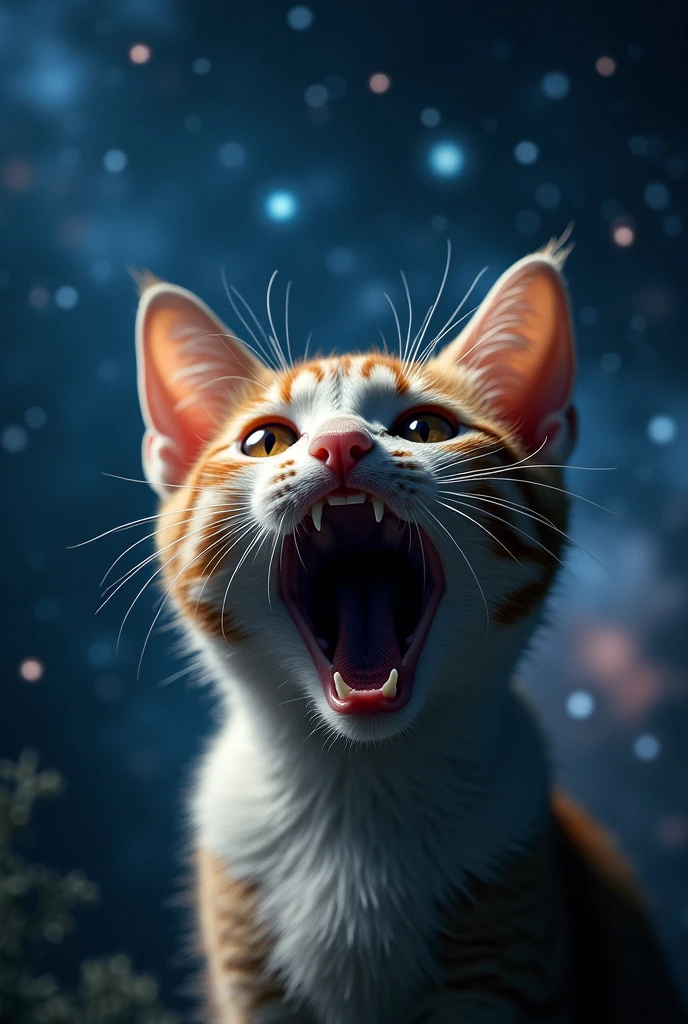 Close-up of a startled cat, outer space in the background (stars and galaxies shining beautifully),