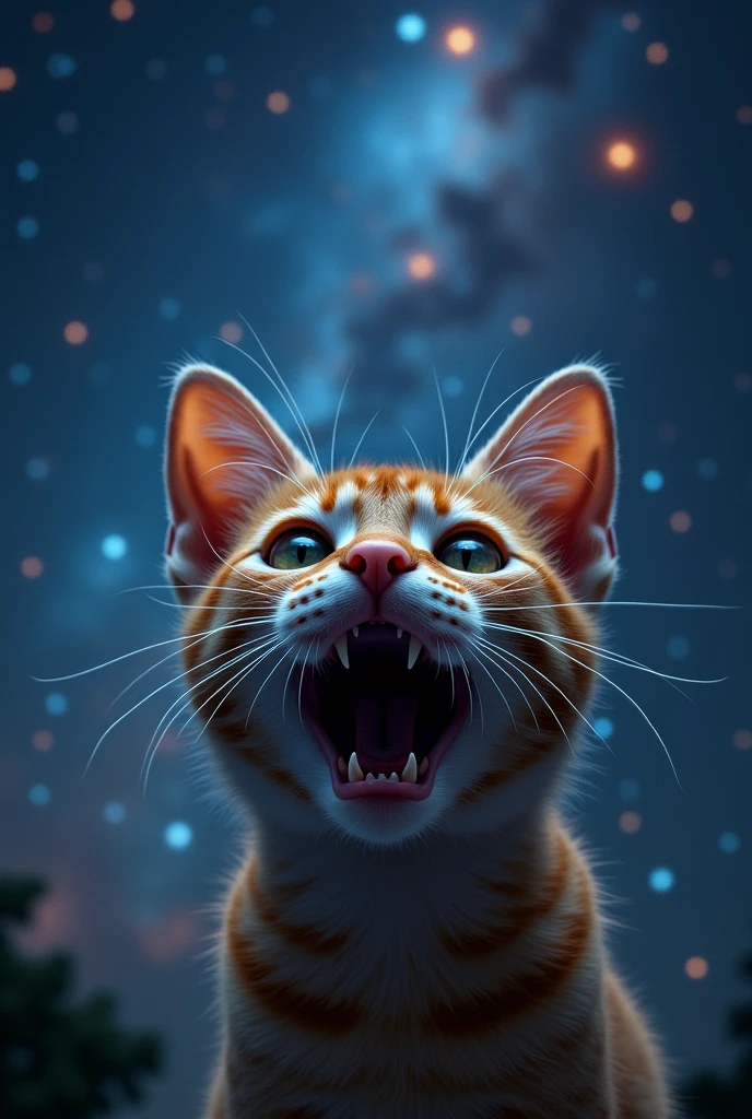 Close-up of a startled cat, outer space in the background (stars and galaxies shining beautifully),