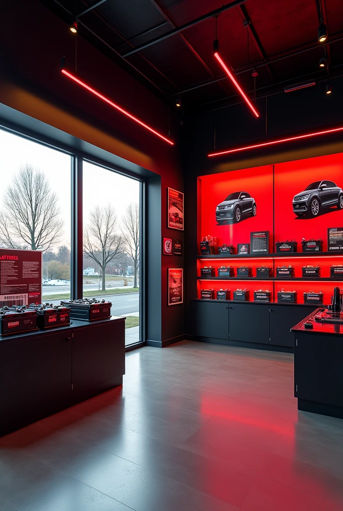 I want to open a business selling car batteries, that it is a modern place, that red and black colors predominate, with posters on the walls, Without so much glass I want a view of the outside of the business during the day