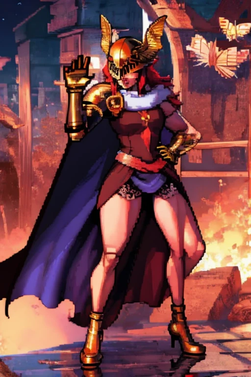 MaleniaDef, red hair, armor, cape, helmet, brown dress, MaleniaRot, wings, coverd eyes, scar, butterfly, bug prothestic leg, single mechanical arm, prosthesis