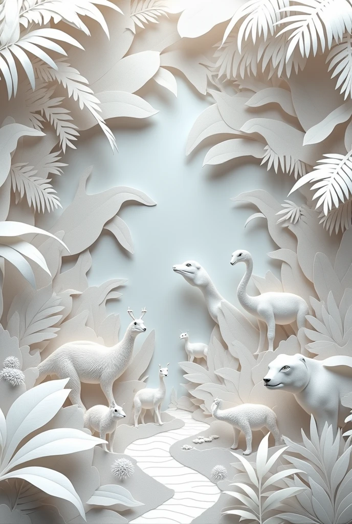 Papercut art A very detailed and intricate cutout of a jungle landscape. Please include animals in it so that they are difficult to see. Do not add color. White paper art. Please include animals other than birds. Hide more than half of the animals in plants so that they are not immediately visible. Make it flat, not three-dimensional.