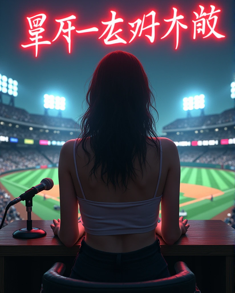 (((photograph、Realistic)))Woman sitting at a desk in front of a microphone, instagramart, Shinhanga, baseball stadium during a game, bright atmosphere, Tokyo Dome, covered!!, official media, toriyama akira, lightning!! (((photo, Photorealism))) Adult video poster layout, Ultra Creative Typographic Poster Designs | Graphic Design * The current female announcer of that famous baseball team makes a shocking AV debut!!. *. 8K digital art poster of typography, ultra-realistic and highly detailed, intricate typography, dynamic composition, (((DVD mark, Blu-ray mark, R-18 mark))).Striking contrast, eye-catching expressive letters, dramatic lighting, erotic atmosphere of adult video, popya color palette, rich texture, cinematography, award-winning, masterpiece, photorealistic, ultra-detailed, surreal, volumetric, vibrant colors, clair obscur, dramatic shadows, dramatic reflections, ethereal, dreamy, surreal, mystical, abstract, conceptual, minimalist, elegant, sophisticated, timeless, visually striking, shocking, compelling, inspiring, evocative