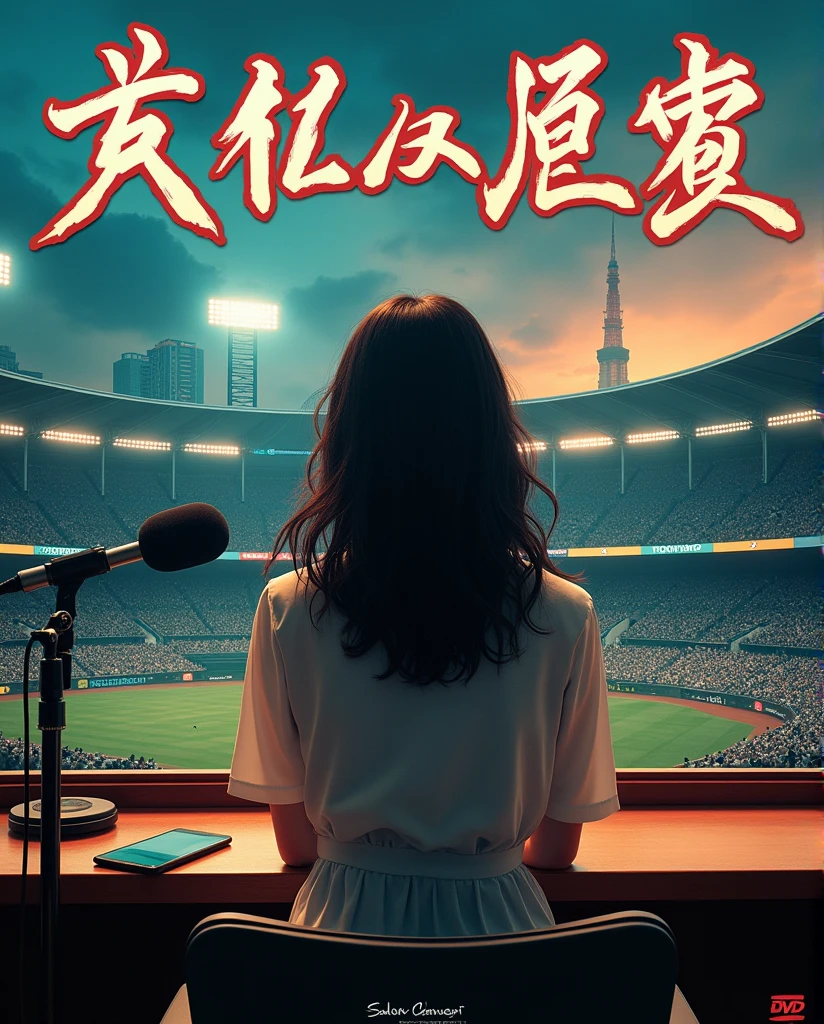 (((photograph、Realistic)))Woman sitting at a desk in front of a microphone, instagramart, Shinhanga, baseball stadium during a game, bright atmosphere, Tokyo Dome, covered!!, official media, toriyama akira, lightning!! (((photo, Photorealism))) Adult video poster layout, Ultra Creative Typographic Poster Designs | Graphic Design * The current female announcer of that famous baseball team makes a shocking AV debut!!. *. 8K digital art poster of typography, ultra-realistic and highly detailed, intricate typography, dynamic composition, (((DVD mark, Blu-ray mark, R-18 mark))).Striking contrast, eye-catching expressive letters, dramatic lighting, erotic atmosphere of adult video, popya color palette, rich texture, cinematography, award-winning, masterpiece, photorealistic, ultra-detailed, surreal, volumetric, vibrant colors, clair obscur, dramatic shadows, dramatic reflections, ethereal, dreamy, surreal, mystical, abstract, conceptual, minimalist, elegant, sophisticated, timeless, visually striking, shocking, compelling, inspiring, evocative