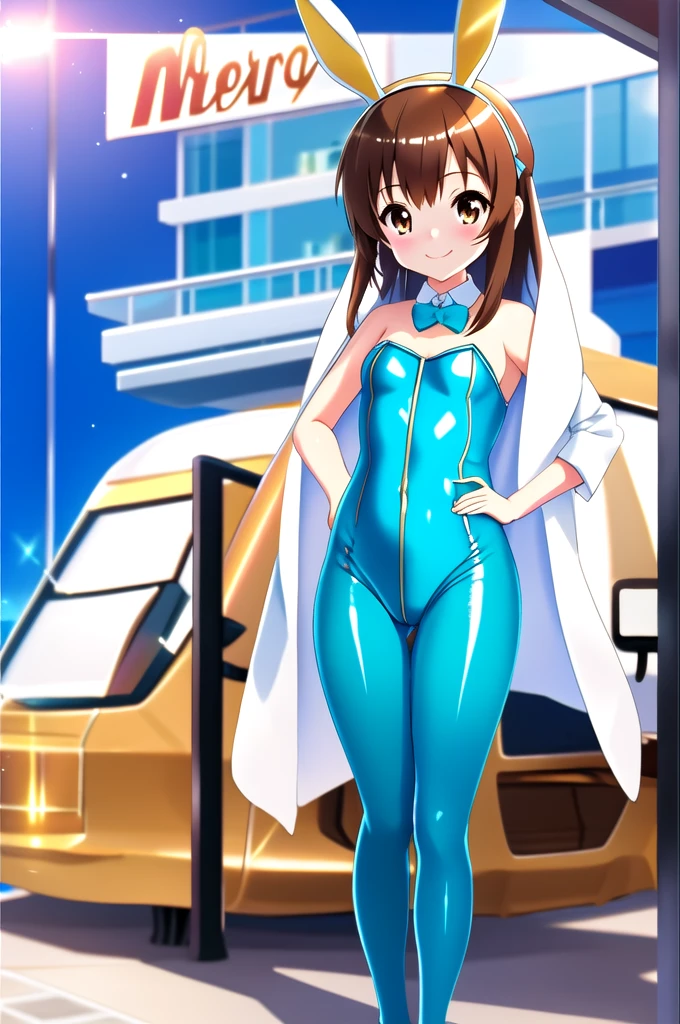 masterpiece, best quality, top_mikoto, brown eyes, looking at viewer, casino background, alone, small breasts, upper body, , smiling, close_mouth, ((standing)), abuse of lens flare, thick, one_girl, 1 girl, nice_ass, sexy_pose, one_girl, camel_toe, bunny_girl, bodysuit, playboy, pantyhose, bunny_ears, latex, one_suit, white_suit, golden_bunny_suit, bunny_girl, thick_suit, blue_pantyhose, blue_legs, blue_leggings