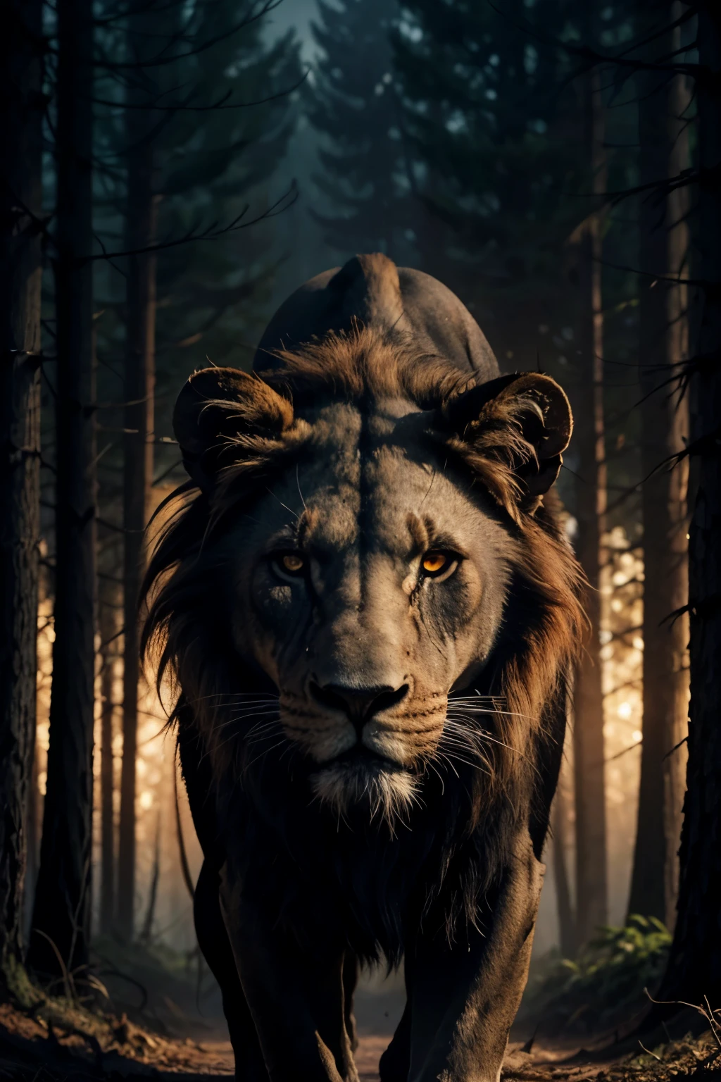 dark lion, fiery eyes, very dark forest, intimidating look
