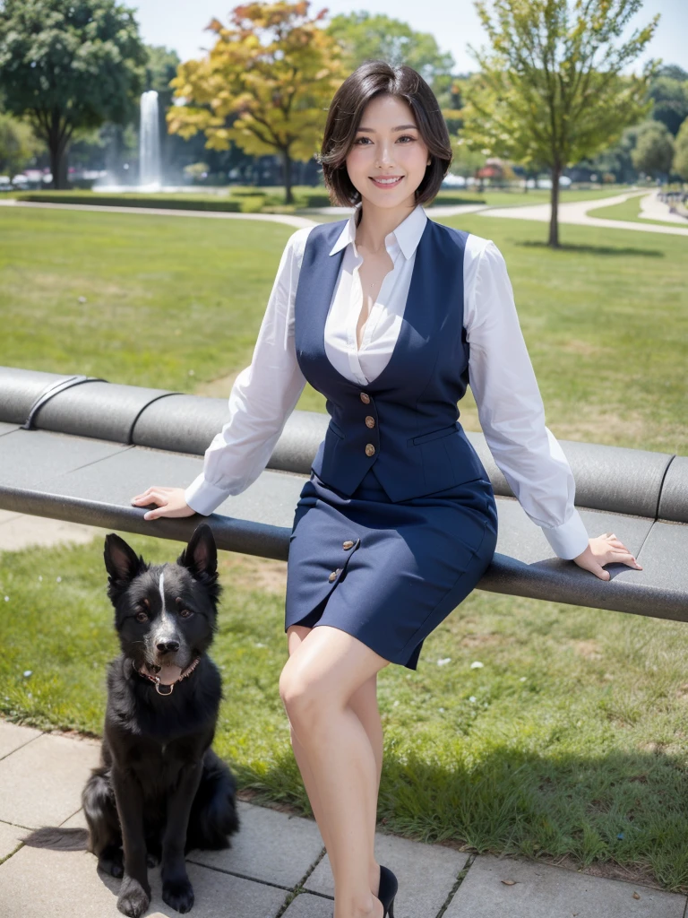 最high quality, In 8K, Masseter region, Vibrant, Sharp focus, high quality, High resolution, Detailed face, fine grain, Thick lips, (Looking at the audience), alone, Beautiful woman, 38 years old, Japanese women, (Short black hair:1.4)、(Bob Hair:1.4), Cleavage, Lunch break、Large city park、Green Grass、In front of a big fountain、(sitting on a park bench:1.3)、(Full body photo:1)、(Japanese women)、(Mitsubishi Bank uniform:1.8), (wearing a dark 青 vest over a white blouse:1.5), The vest has three gold buttons, (Red, blue and white ribbon around his neck)、(Knee-length dark blue skirt)、(Black pumps:1.5)、(Red lipstick:1)、(smile:1.3)、(standard body type)、(D cup breasts)