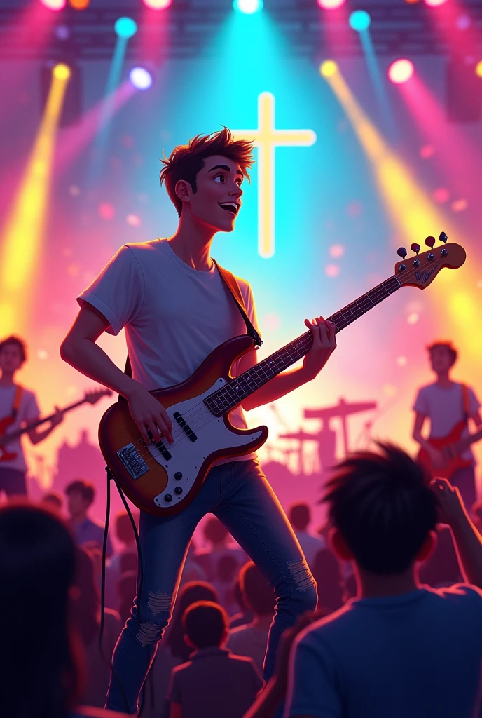 Young man playing bass with a band at an animated Christian concert