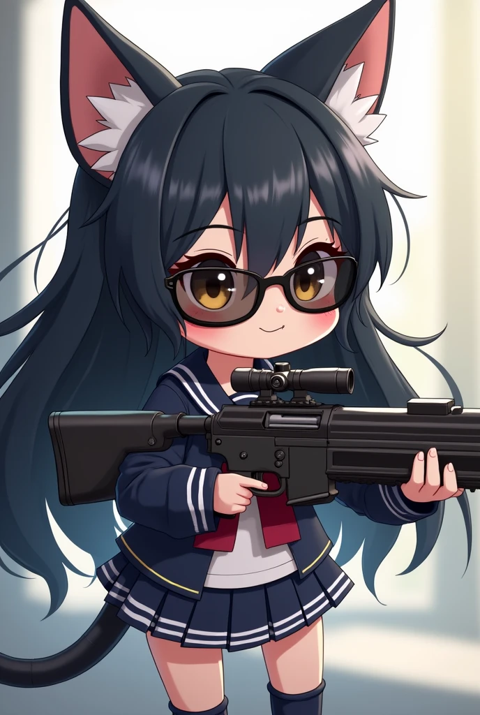Cat　Cat耳　Chibi character　Girl　Sailor suit　Sniperライフル　Lolita　Wearing sunglasses　cute　Moe　Sniper　Black Hair