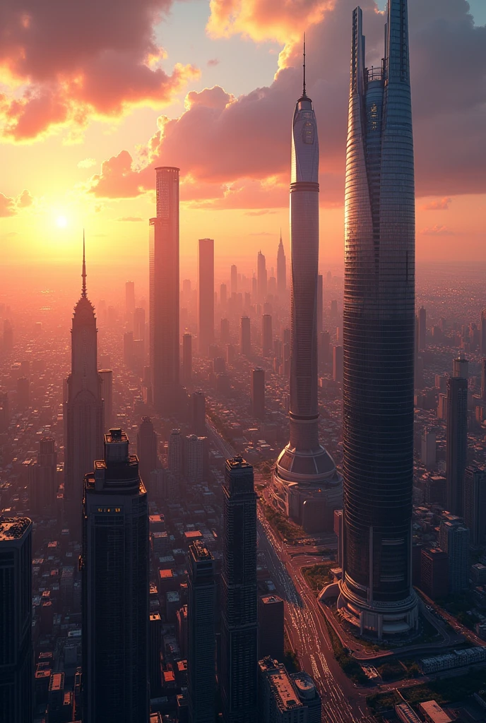 A panoramic view of a luxurious city at sunset, with tall and modern buildings.