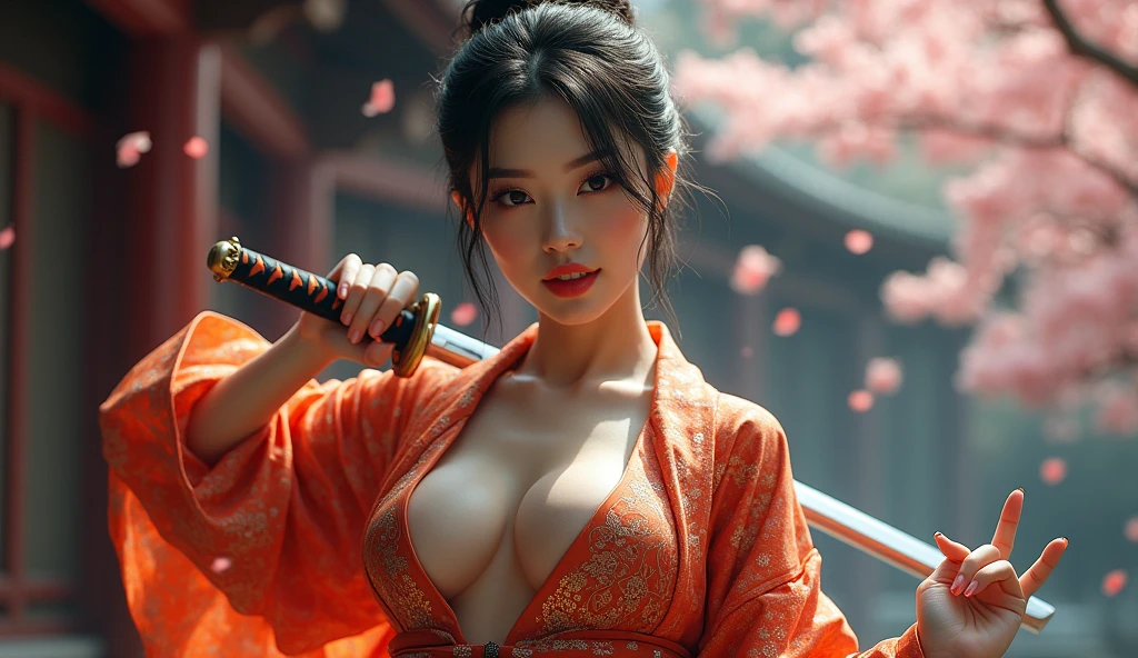 beautiful japanese woman with big breasts in revealing kimono and katana