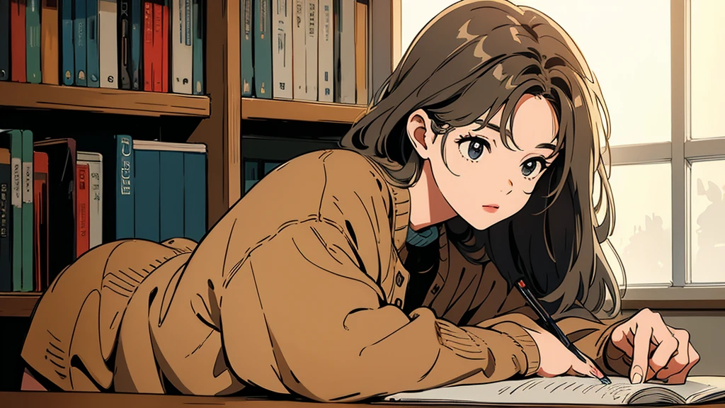 A girl sketching in a notebook at a quiet library, her hair in an ash balayage, surrounded by soft, warm lighting, solo, solo focus.