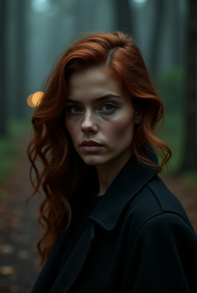 The cover you imagine could be striking and suggestive, Capturing the essence of mystery and intrigue. In the middle, The protagonist stands out with her dark skin, her reddish brown hair falling in soft waves over her shoulders, and her honey-colored eyes that seem to shine with a mixture of determination and vulnerability. His expression is enigmatic, as if keeping deep secrets. The background has to be in a deep forest with lights in the trees. These visuals convey a narrative full of intrigue., where love, Betrayal and danger are intertwined, inviting the reader to delve into this dark and captivating story. She that is brunette