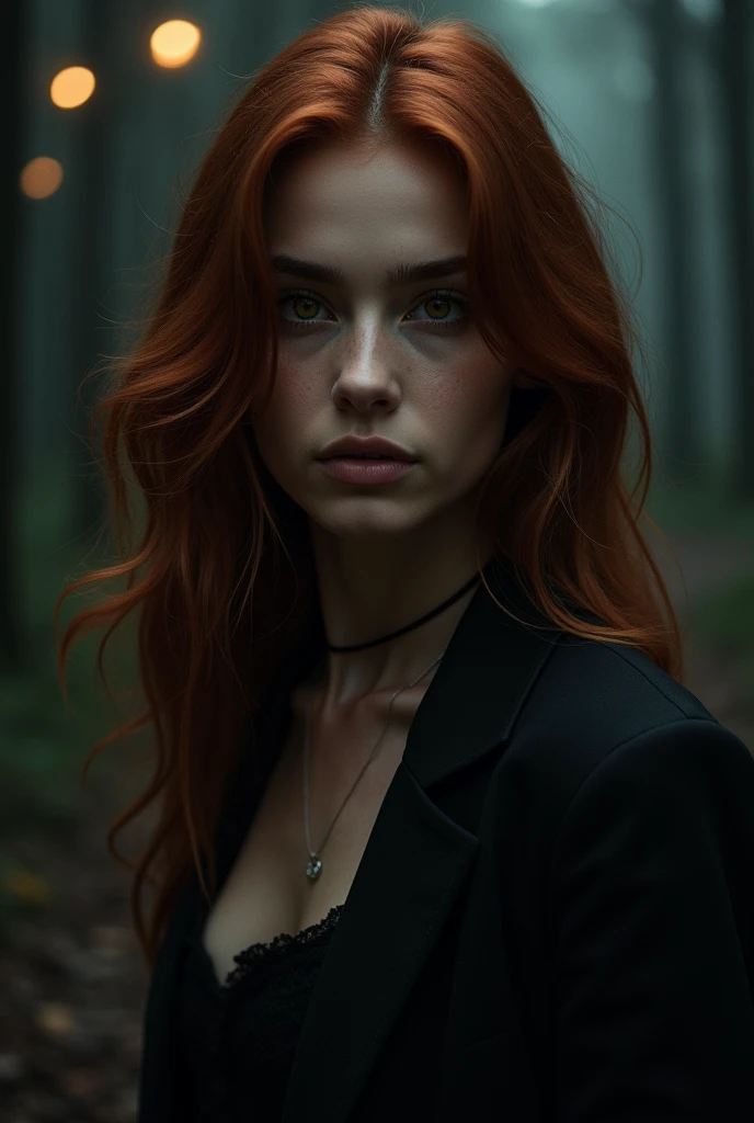 The cover you imagine could be striking and suggestive, Capturing the essence of mystery and intrigue. In the middle, The protagonist stands out with her dark skin, her reddish brown hair falling in soft waves over her shoulders, and her honey-colored eyes that seem to shine with a mixture of determination and vulnerability. His expression is enigmatic, as if keeping deep secrets. The background has to be in a deep forest with lights in the trees. These visuals convey a narrative full of intrigue., where love, Betrayal and danger are intertwined, inviting the reader to delve into this dark and captivating story. She that is brunette