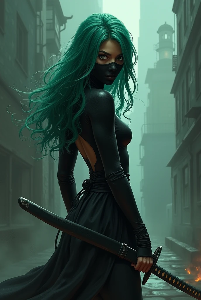 Ninja man with green hair, holding a katana