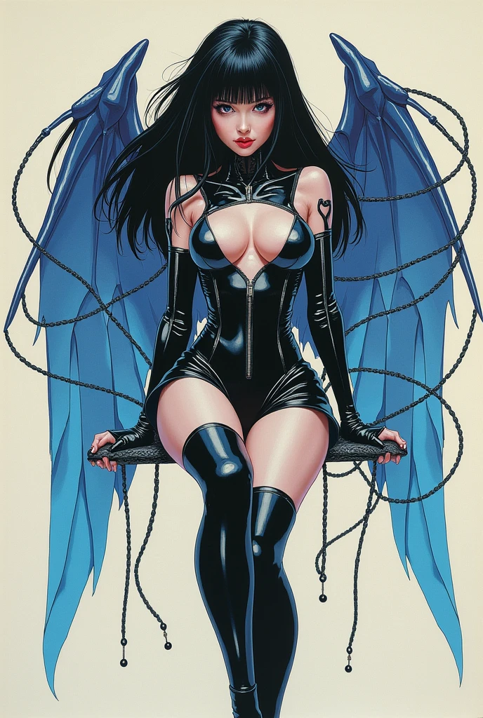 woman with black hair surrounded by burbujas s AND cables conectados minidress upskirt, thigh high stockings, pastel drawing, fantasy art, artgerm and genzoman, black and blue color scheme, 1980s animation style, cyborg Style, 2d art, sits, wings mecha,.2d art, photorealistic, realistic 