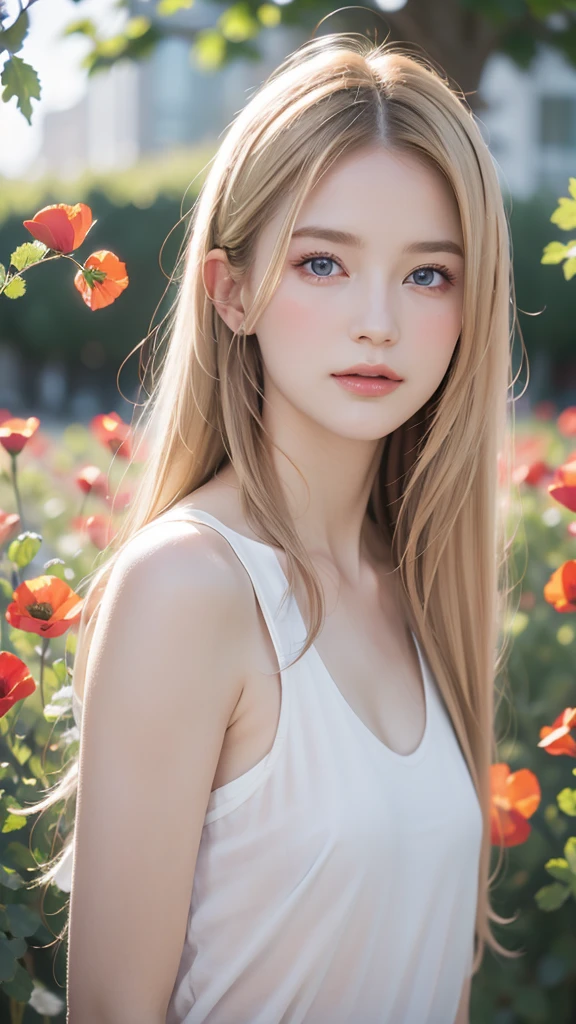 1girl, solo, elegant hair (full body: 1.1), (looking at the viewer: 1.1),  wild poppies swaying in the breeze, filmg , sweet_lolita, Best quality, masterpiece, blond hair, blue eyes.,Very detailed face, blush, Shiny wet skin,Pink lips,Delicate lips, 