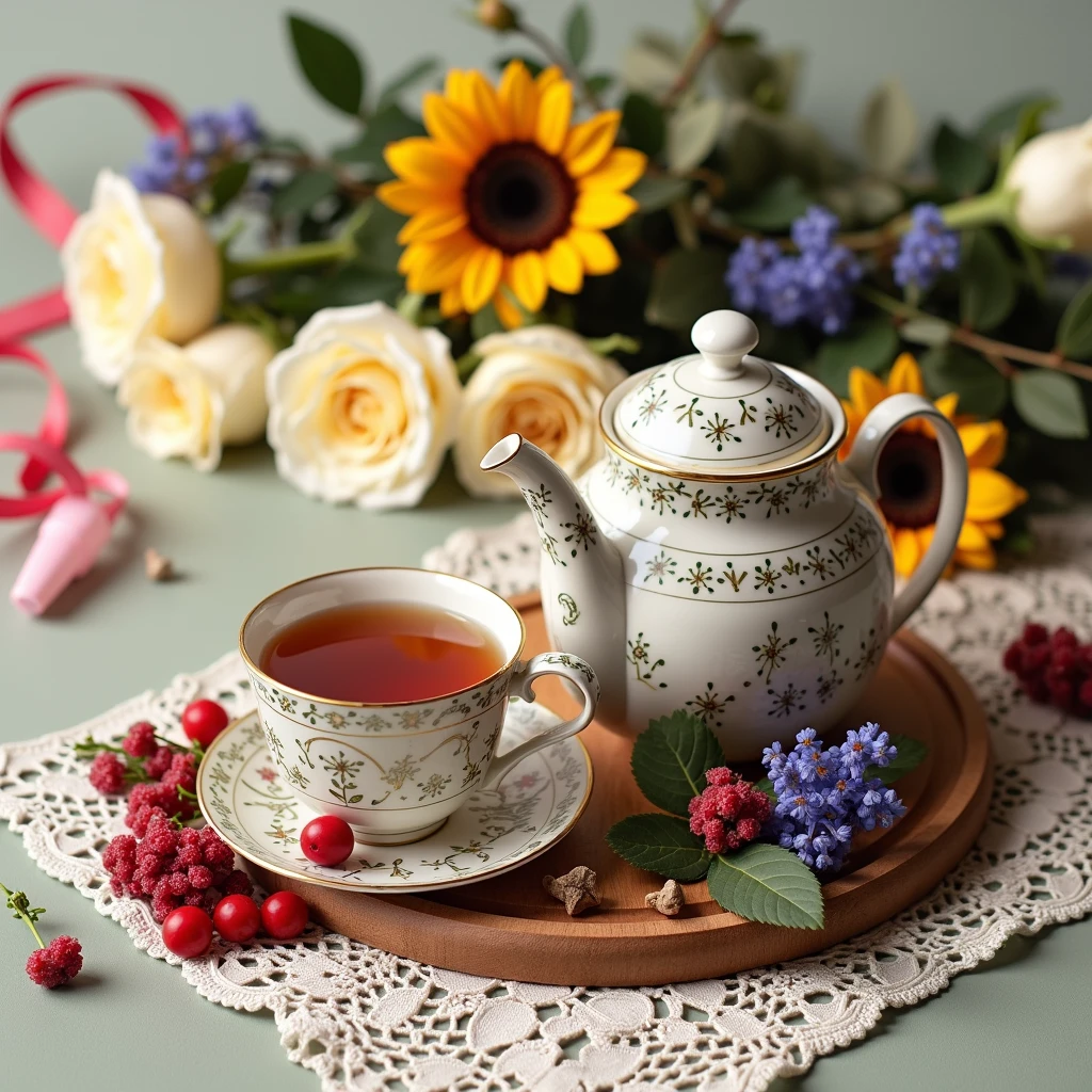 On a green background with white roses on a lace napkin there is a teapot in the Provence style next to a cup of tea the composition is decorated with flowers berries and colored ribbons