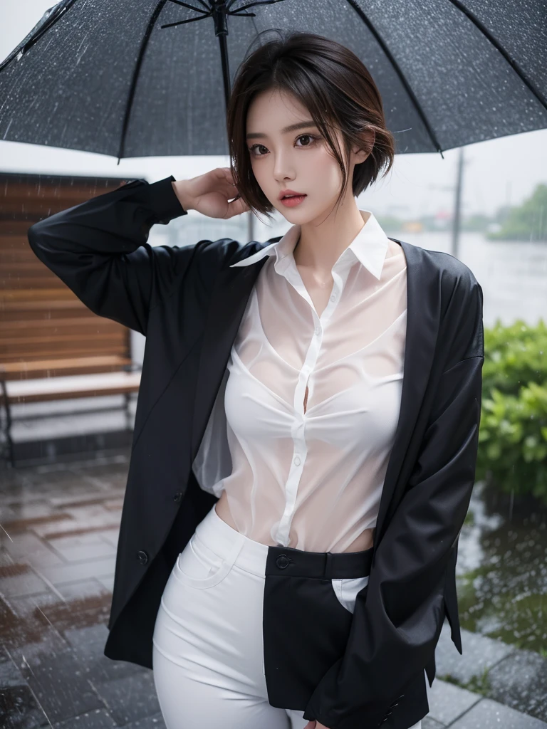 exy pose、Hair getting wet in the rain、Mr.々Hair style、Short Hair、Transparent shirt、Beautiful woman getting wet in the rain、typhoon、Get wet without an umbrella、Beautiful woman in the rain、雨で濡れたBeautyOL、Detailed face、Realistic、beautiful girl、Beauty、Office Lady Uniform、beauty、Beautiful woman、Narrow waist、Handsome woman、Tight pants look、suit、Sexy pose、タイトなsuitパンツ、雨で濡れたsuit、Wet naked shirt、See-through shirt、Shot in heavy rain、Naked shirt、Gaudy colored underwears