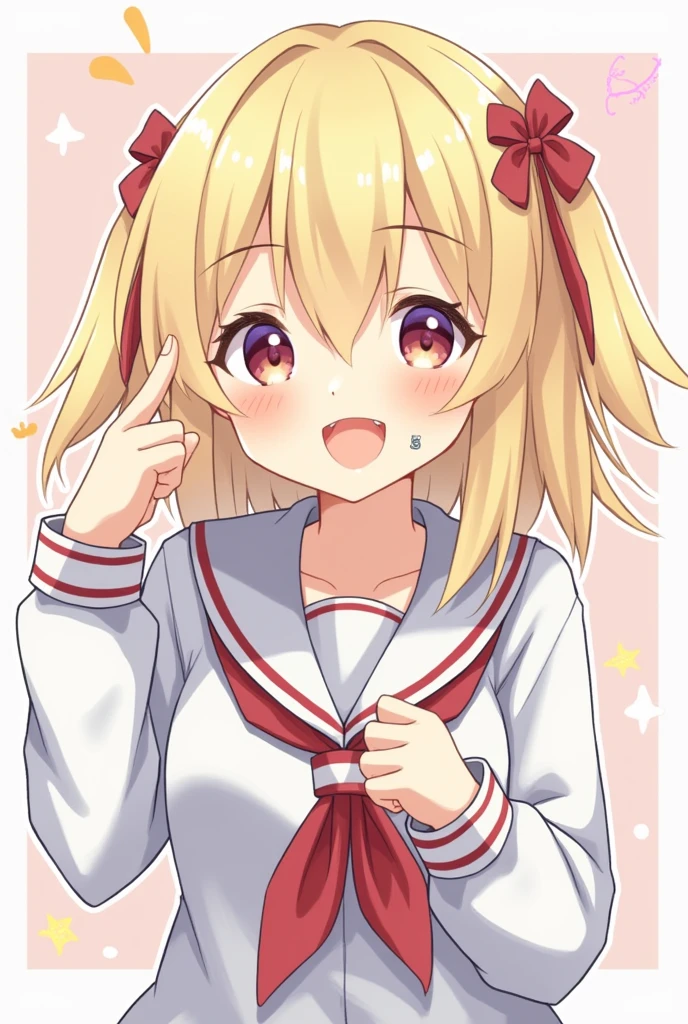 Blonde、Bob Hair、Small twin tails、Confused eyes、Animal Mouth、Gymnastics、Red School Bag、Short、Primary school students、girl、Long Bangs