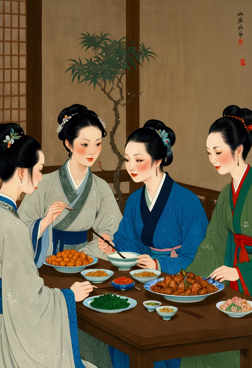 A close-up of a painting,People eating at the table, Tradition, Chinese style, traditional Chinese, Artworks similar to Sheng Lam, by Fang Congyi, by Qu Leilei, traditional Chinese art, 华人Tradition, traditional Chinese painting, author:Xia Gui, author Miao Fu, inspired by Liu Jue, Folklore illustrations